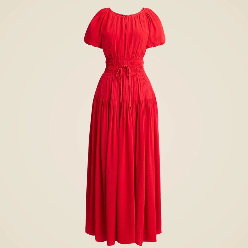 New JCREW Sz S Elena Puff-Sleeve Dress in Dotted Crepe de Chine Ruby $188 CF774 - Picture 4 of 5